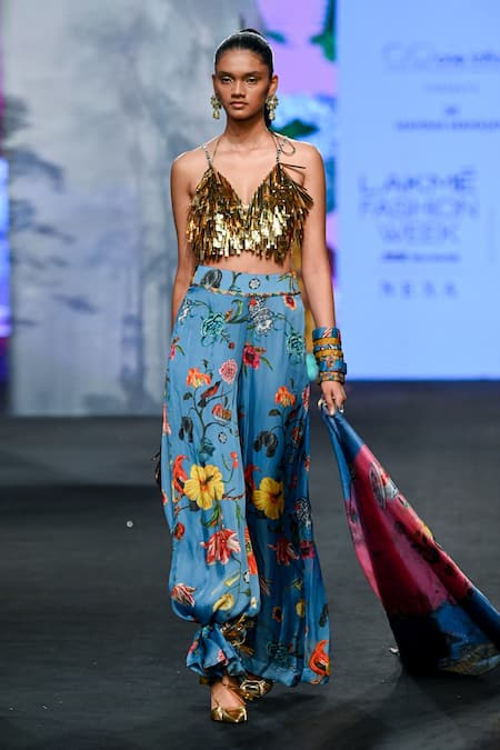 Buy_Mahima Mahajan_Blue Satin, Organza, Net Tassels, Embroidery Blouse And Floral Print Pant Set _Online_at_Aza_Fashions