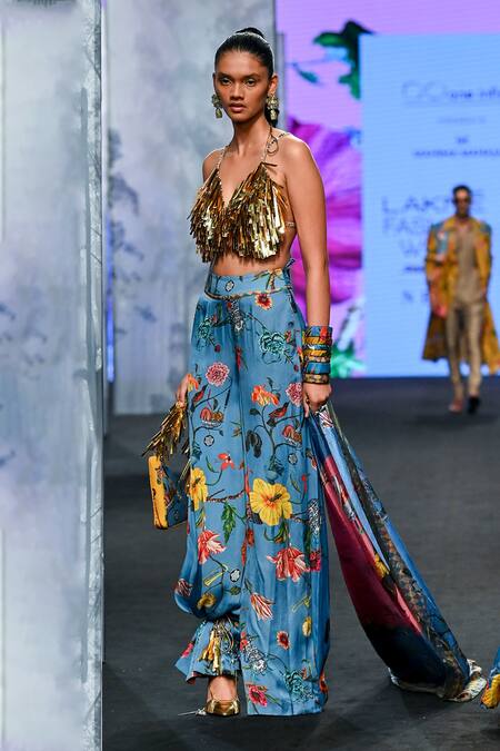 Shop_Mahima Mahajan_Blue Satin, Organza, Net Tassels, Embroidery Blouse And Floral Print Pant Set _Online_at_Aza_Fashions