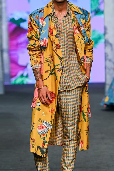 Mahima Mahajan_Multi Color Organza, Satin Botanical Floral Print Trench Coat Pant Set _at_Aza_Fashions