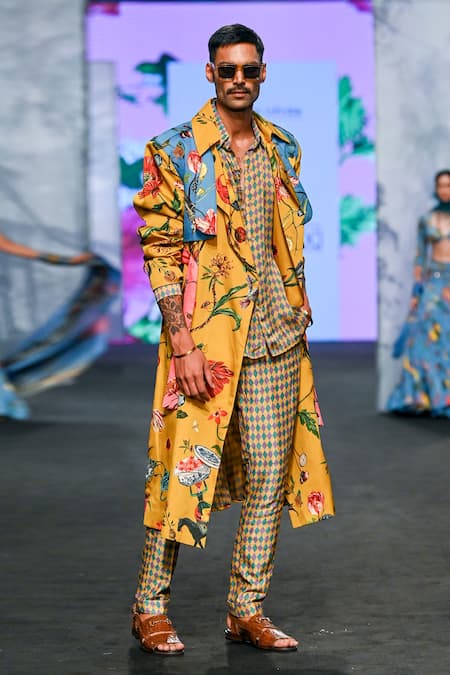 Mahima Mahajan_Multi Color Organza, Satin Botanical Floral Print Trench Coat Pant Set _Online_at_Aza_Fashions