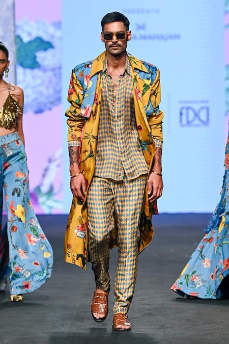 Buy_Mahima Mahajan_Multi Color Organza, Satin Botanical Floral Print Trench Coat Pant Set _Online_at_Aza_Fashions