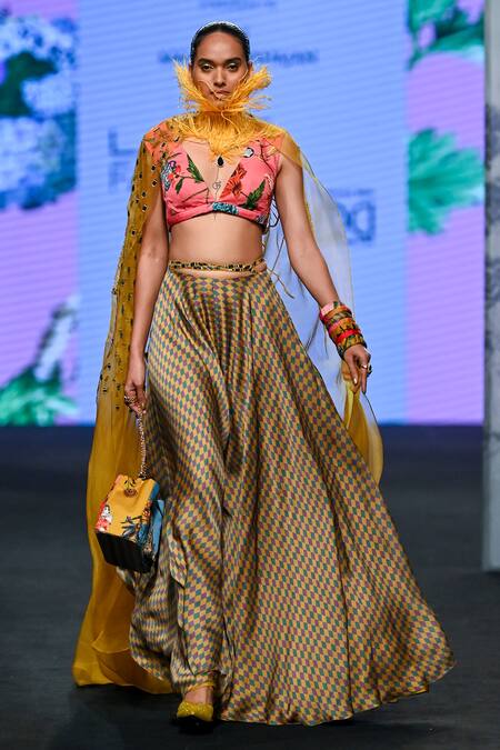Mahima Mahajan_Yellow V-, Open Floral Embroidered Cape And Palazzo Set _Online_at_Aza_Fashions