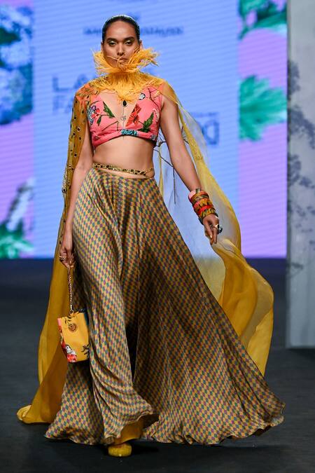 Buy_Mahima Mahajan_Yellow V-, Open Floral Embroidered Cape And Palazzo Set _Online_at_Aza_Fashions