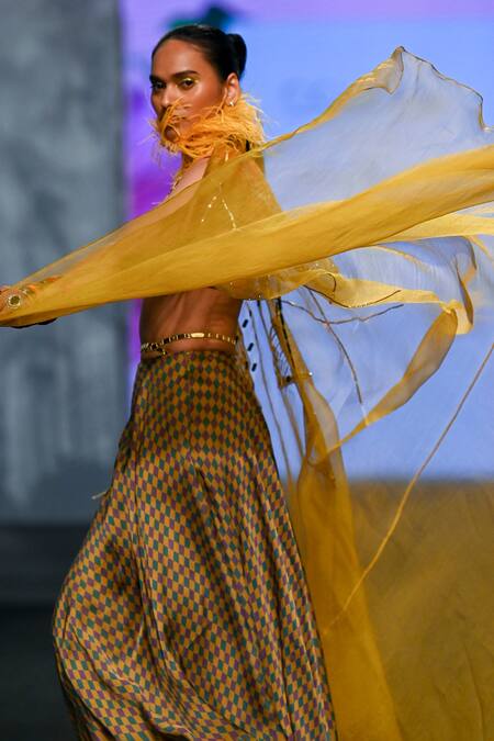 Shop_Mahima Mahajan_Yellow V-, Open Floral Embroidered Cape And Palazzo Set _Online_at_Aza_Fashions