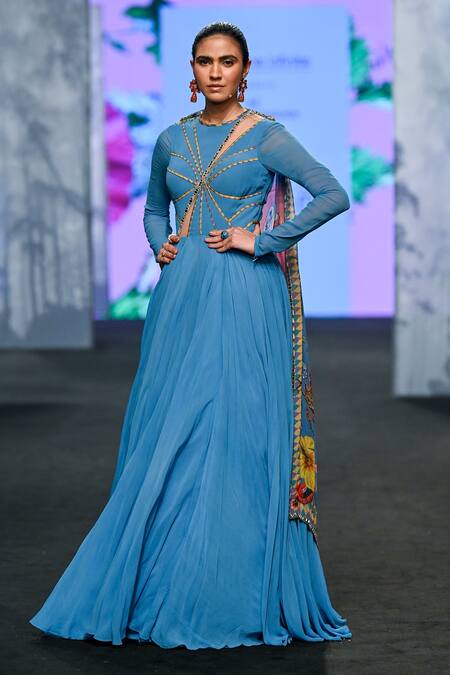 Mahima Mahajan Blue Georgette, Organza, Satin Embroidery, Stripe Pattern Anarkali With Dupatta Online at Aza Fashions Mahima Mahajan_Blue Georgette, Organza, Satin Embroidery, Stripe Pattern Anarkali With Dupatta _Online_at_Aza_Fashions