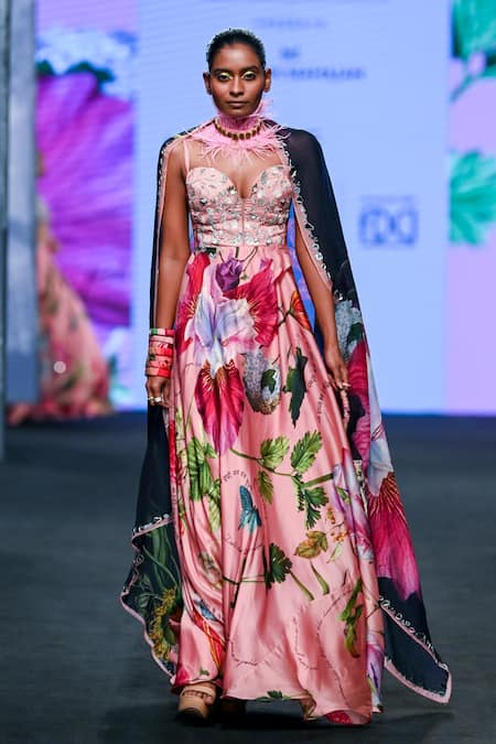 Mahima Mahajan Pink Organza, Satin Sequins, Embroidery, Floral Print Anarkali With Dupatta Online at Aza Fashions Mahima Mahajan_Pink Organza, Satin Sequins, Embroidery, Floral Print Anarkali With Dupatta _Online_at_Aza_Fashions