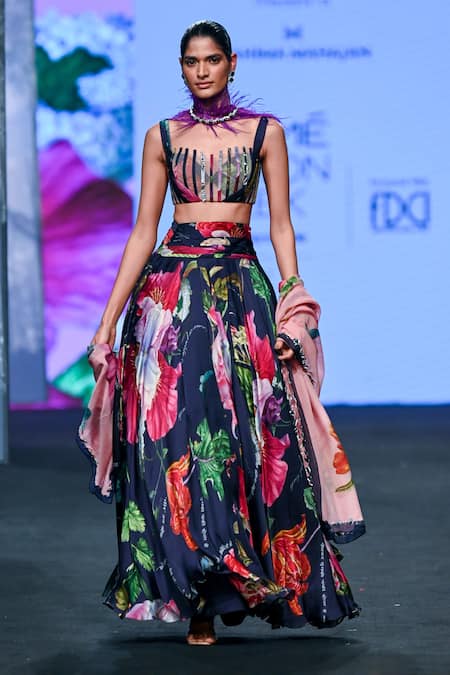 Mahima Mahajan_Blue Satin, Organza, Net, Chiffon Embroidery Floral Print Lehenga Blouse Set _Online_at_Aza_Fashions