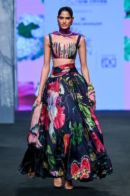 Buy_Mahima Mahajan_Blue Satin, Organza, Net, Chiffon Embroidery Floral Print Lehenga Blouse Set _Online_at_Aza_Fashions