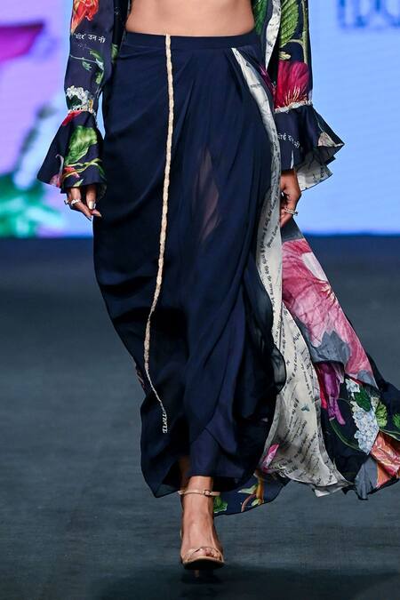 Mahima Mahajan Blue Satin, Organza Embroidery Open Neck, Printed Shrug And Draped Skirt Set Online at Aza Fashions Mahima Mahajan_Blue Satin, Organza Embroidery Open Neck, Printed Shrug And Draped Skirt Set _Online_at_Aza_Fashions