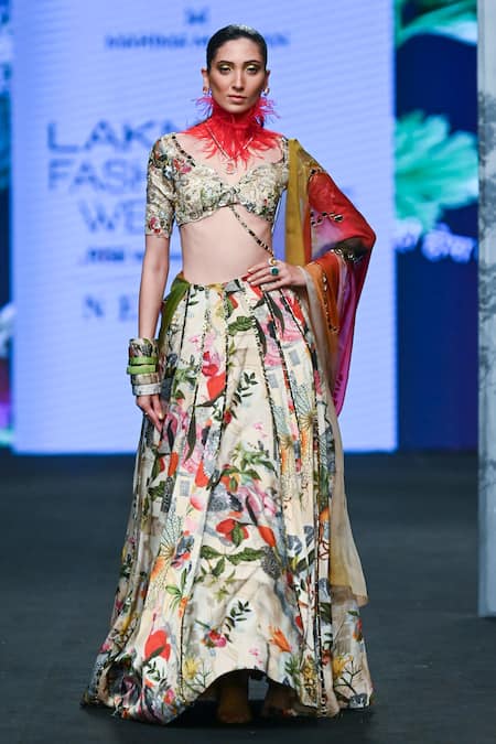 Shop Mahima Mahajan Ivory Organza, Silk Embroidery, Mirrors Asymmetric Panelled Lehenga Set Online at Aza Fashions Shop_Mahima Mahajan_Ivory Organza, Silk Embroidery, Mirrors Asymmetric Panelled Lehenga Set _Online_at_Aza_Fashions