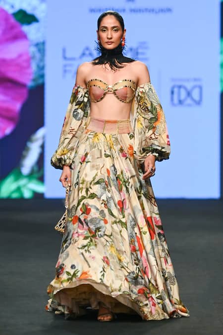 Mahima Mahajan_Ivory Organza, Satin Mirrors One Shoulder Off Bustier And Lehenga Set _Online_at_Aza_Fashions
