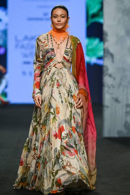 Mahima Mahajan Ivory Organza, Georgette Embroidery Plunge Tropical Print Anarkali With Dupatta Online at Aza Fashions Mahima Mahajan_Ivory Organza, Georgette Embroidery Plunge Tropical Print Anarkali With Dupatta _Online_at_Aza_Fashions