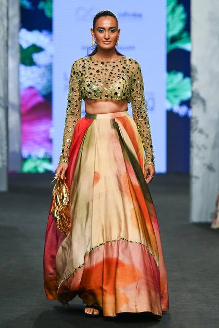 Buy_Mahima Mahajan_Multi Color Satin, Organza, Net Pearls, Zari Embroidered Blouse And Lehenga Set _Online_at_Aza_Fashions