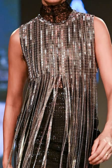 Buy_Rudraksh Dwivedi_Black Sequin And Tulle Lining Butter Crepe Embellished Crop Top & Skirt Set_Online_at_Aza_Fashions