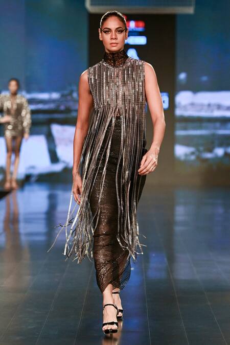 Shop_Rudraksh Dwivedi_Black Sequin And Tulle Lining Butter Crepe Embellished Crop Top & Skirt Set_Online_at_Aza_Fashions