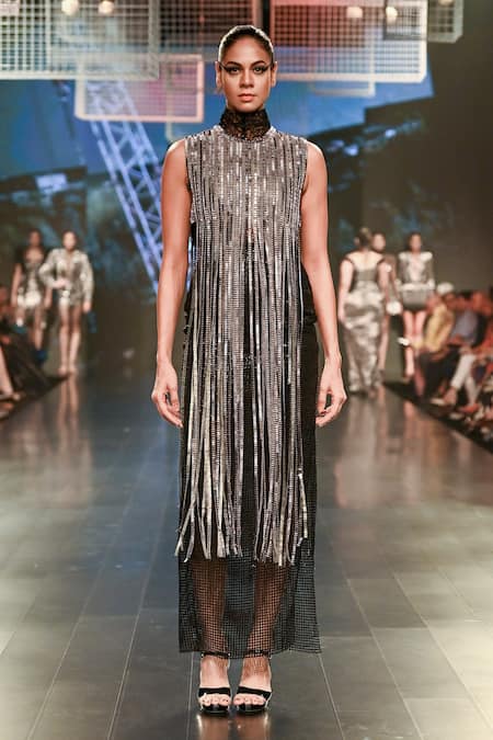 Rudraksh Dwivedi_Black Sequin And Tulle Lining Butter Crepe Embellished Crop Top & Skirt Set_at_Aza_Fashions