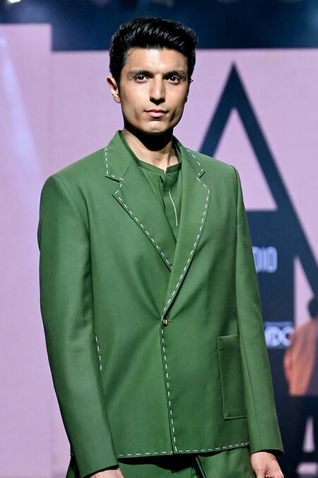 Tisa - Men Green Terrycloth, Cotton Embroidery Lapel Bandhgala Jacket And Pant Set Online at Aza Fashions Tisa - Men_Green Terrycloth, Cotton Embroidery Lapel Bandhgala Jacket And Pant Set_Online_at_Aza_Fashions