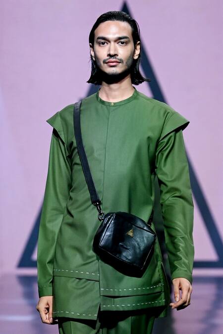 Tisa - Men_Green Terry Rayon Embroidery Stitchline Layered Kurta Set_Online_at_Aza_Fashions