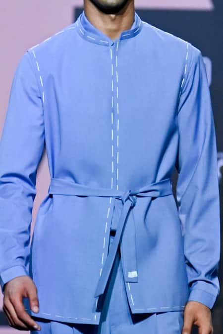 Tisa - Men_Blue Terrycloth, Cotton Embroidery Stitchline Bundi And Kurta Set_Online_at_Aza_Fashions