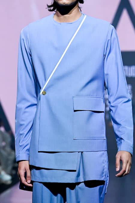 Tisa - Men_Blue Terrycloth, Cotton Asymmetric Bandhgala And Kurta Set_Online_at_Aza_Fashions