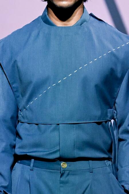 Tisa - Men_Blue Terry Rayon Embroidery Thread Short Cape And Pant Set_Online_at_Aza_Fashions