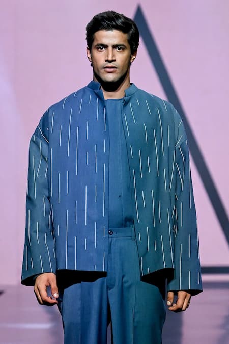 Tisa - Men_Blue Terry Rayon Embroidery Thread Stripe Jacket And Pant Set_Online_at_Aza_Fashions