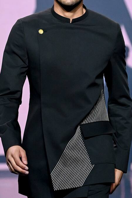 Tisa - Men_Black Terrycloth, Cotton Embroidery Diagonal Stroke Bandhgala Set_Online_at_Aza_Fashions