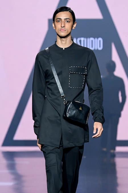 Tisa - Men_Black Terry Rayon Plain Band Collar Short Kurta Set_Online_at_Aza_Fashions