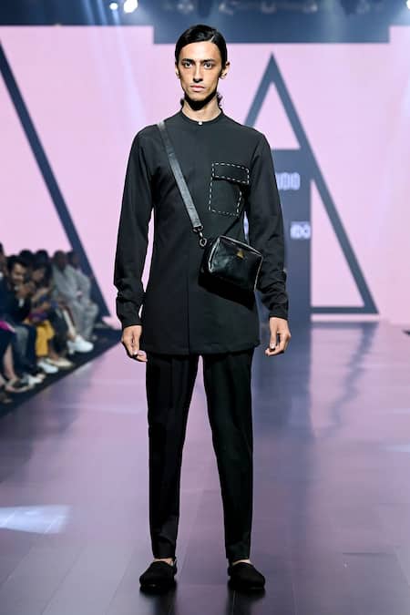 Buy_Tisa - Men_Black Terry Rayon Plain Band Collar Short Kurta Set_Online_at_Aza_Fashions