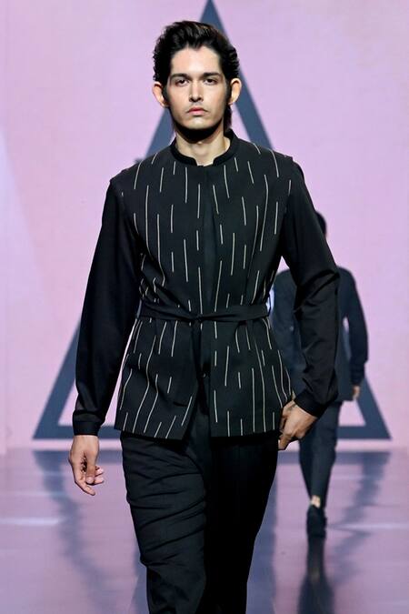 Tisa - Men_Black Terry Rayon Embroidery Vertical Line Bundi Set_Online_at_Aza_Fashions