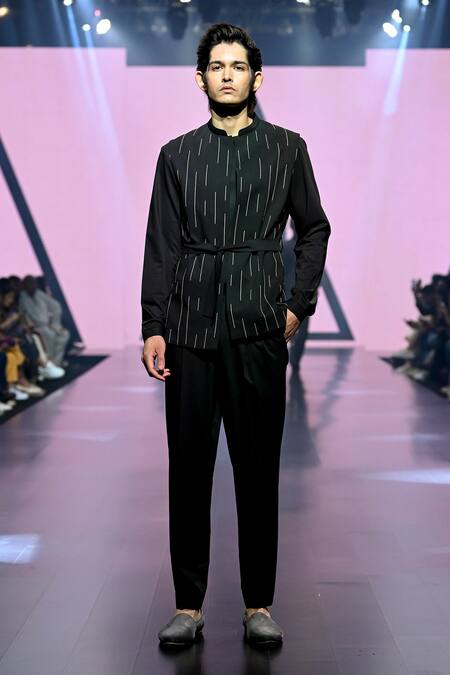 Buy_Tisa - Men_Black Terry Rayon Embroidery Vertical Line Bundi Set_Online_at_Aza_Fashions