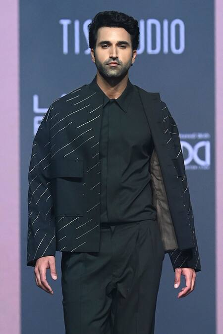 Shop_Tisa - Men_Black Terrycloth, Cotton Embroidery Stripe Bandhgala Jacket And Pant Set_Online_at_Aza_Fashions