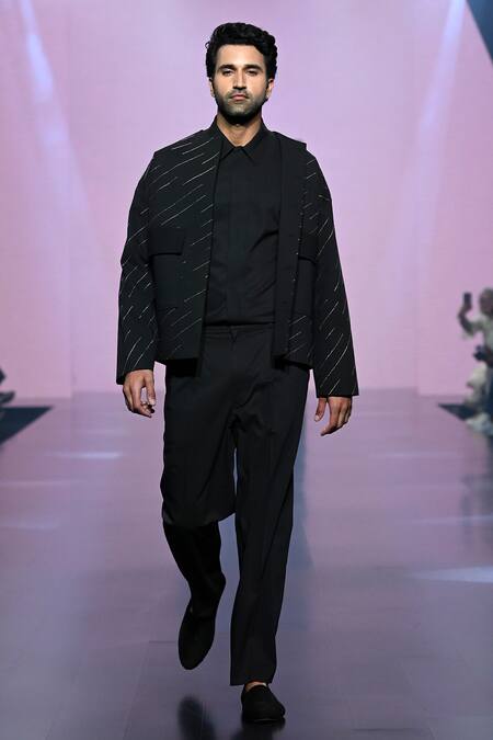 Tisa - Men_Black Terrycloth, Cotton Embroidery Stripe Bandhgala Jacket And Pant Set_Online_at_Aza_Fashions
