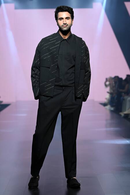Buy_Tisa - Men_Black Terrycloth, Cotton Embroidery Stripe Bandhgala Jacket And Pant Set_Online_at_Aza_Fashions