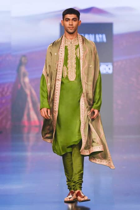 Punit Balana Green Silk, Tussar Embroidery Neckline Kurta Set With Dushala Online at Aza Fashions Punit Balana_Green Silk, Tussar Embroidery Neckline Kurta Set With Dushala _Online_at_Aza_Fashions
