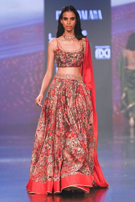 Buy_Punit Balana_Red Satin, Silk Embroidery Square Neck Surkh Laal Embellished Bridal Lehenga Set _Online_at_Aza_Fashions