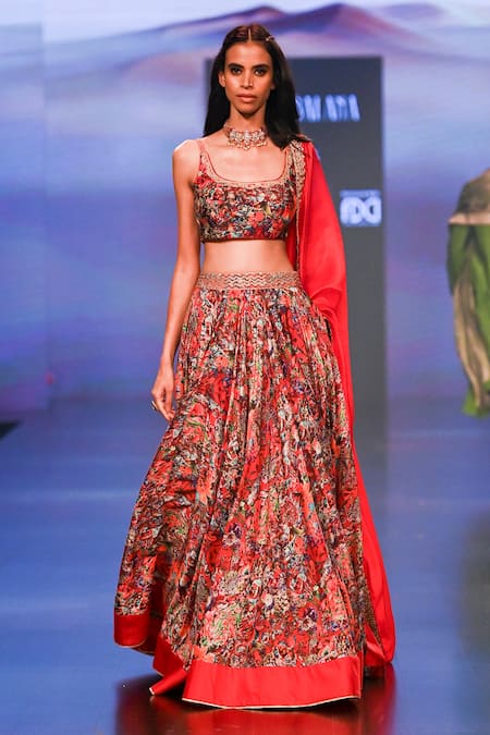 Shop_Punit Balana_Red Satin, Silk Embroidery Square Neck Surkh Laal Embellished Bridal Lehenga Set _Online_at_Aza_Fashions