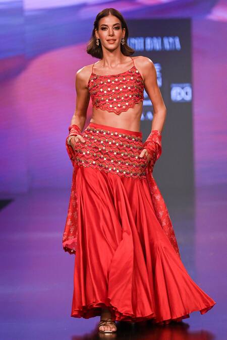 Punit Balana_Red Silk, Organza Embroidery, Diamonds Scoop Neck Surkh Laal Blouse Skirt Set _Online_at_Aza_Fashions