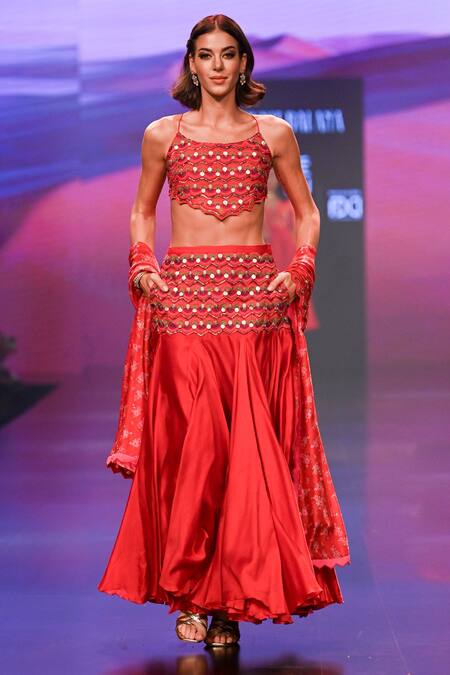 Punit Balana_Red Silk, Organza Embroidery, Diamonds Scoop Neck Surkh Laal Blouse Skirt Set _at_Aza_Fashions