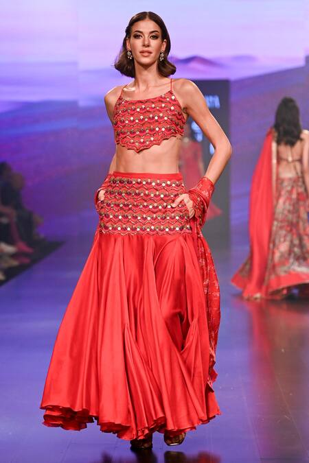 Shop_Punit Balana_Red Silk, Organza Embroidery, Diamonds Scoop Neck Surkh Laal Blouse Skirt Set _Online_at_Aza_Fashions