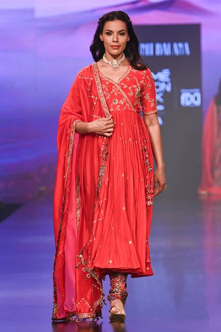 Punit Balana Red Silk, Organza Embroidery, Tassels V-neck Surkh Laal Hand Angrakha Set Online at Aza Fashions Punit Balana_Red Silk, Organza Embroidery, Tassels V-neck Surkh Laal Hand Angrakha Set _Online_at_Aza_Fashions