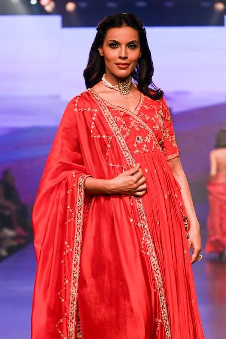 Shop Punit Balana Red Silk, Organza Embroidery, Tassels V-neck Surkh Laal Hand Angrakha Set Online at Aza Fashions Shop_Punit Balana_Red Silk, Organza Embroidery, Tassels V-neck Surkh Laal Hand Angrakha Set _Online_at_Aza_Fashions