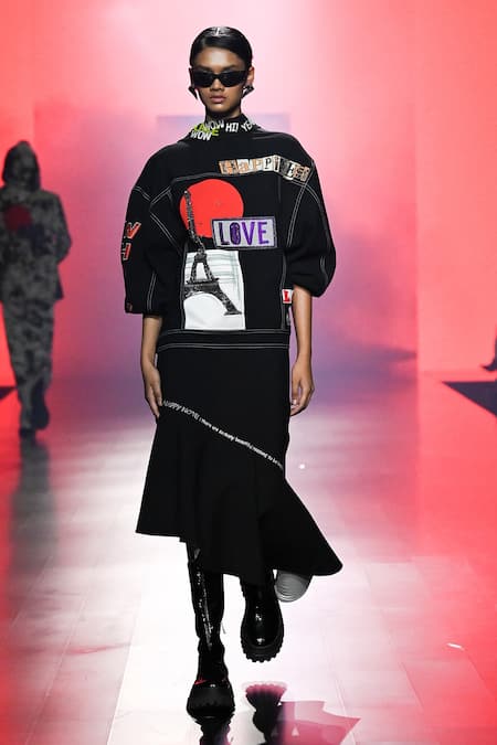 Shahin Mannan_Black Embroidery Collared Good Times Roll Oversized Jacket With Skirt _Online_at_Aza_Fashions