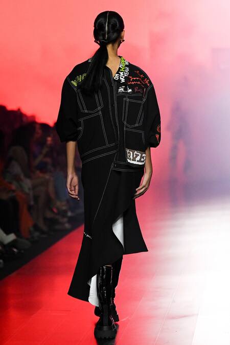 Shop_Shahin Mannan_Black Embroidery Collared Good Times Roll Oversized Jacket With Skirt _Online_at_Aza_Fashions