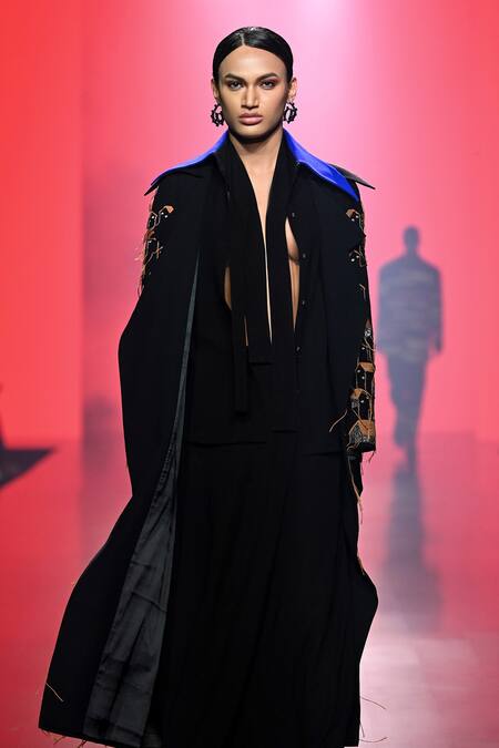 Shahin Mannan Black Crepe Embroidery Collared Tiny Houses Oversized Long Coat And Wrap Skirt Set Online at Aza Fashions Shahin Mannan_Black Crepe Embroidery Collared Tiny Houses Oversized Long Coat And Wrap Skirt Set _Online_at_Aza_Fashions