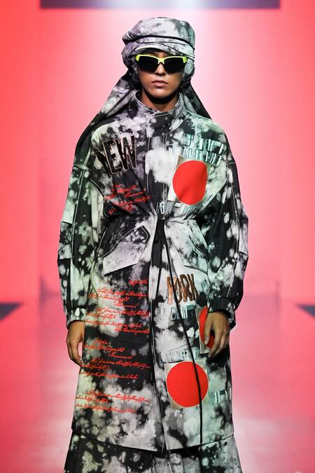 Shahin Mannan_Grey Denim Embroidery, Mirrors High Scribble Pattern Parka Jacket And Skirt Set _Online_at_Aza_Fashions