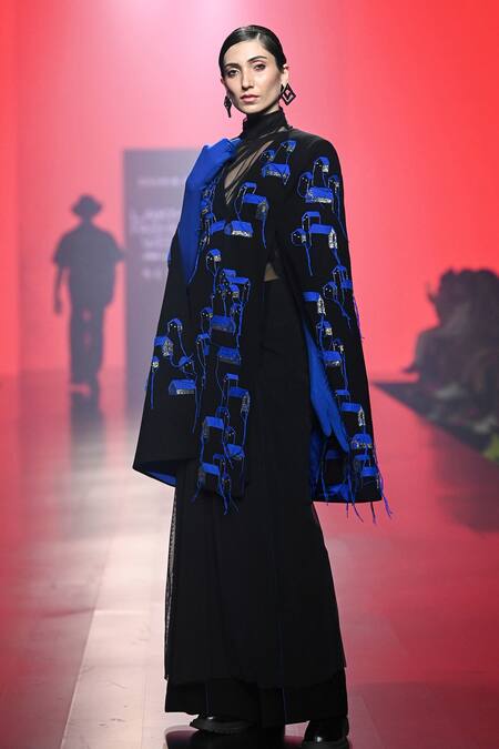 Shahin Mannan_Black Crepe Tiny House Embroidered Cape And Pant Set _Online_at_Aza_Fashions