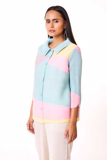 Scarlet Sage_Multi Color Polyester Collared Edith Block Print Boxy Shirt_Online_at_Aza_Fashions