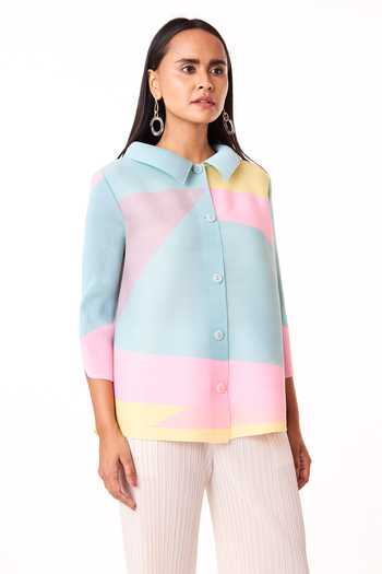 Shop_Scarlet Sage_Multi Color Polyester Collared Edith Block Print Boxy Shirt_Online_at_Aza_Fashions
