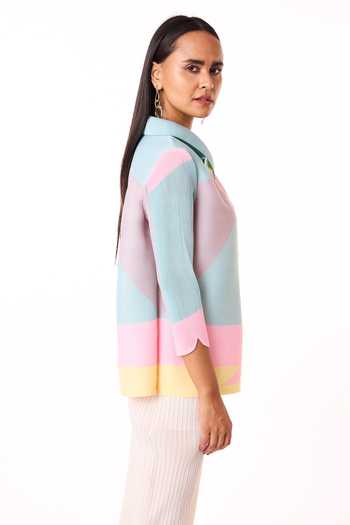 Scarlet Sage_Multi Color Polyester Collared Edith Block Print Boxy Shirt_at_Aza_Fashions
